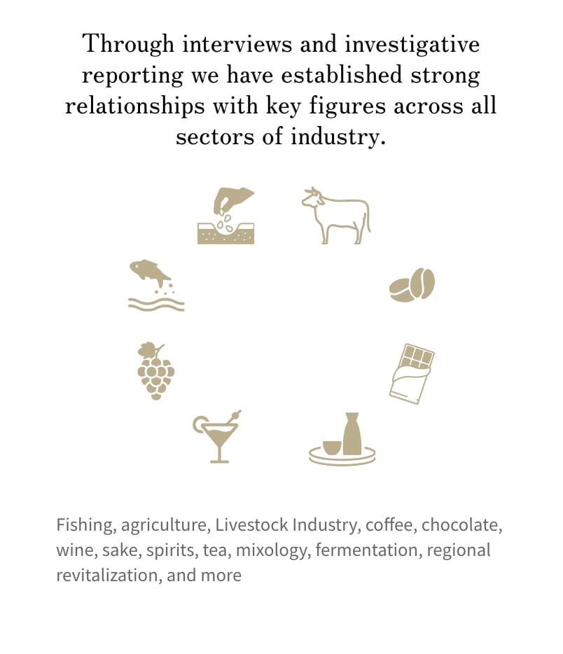 Through interviews and investigative reporting we have established strong relationships with key figures across all sectors of industry. Fishing, agriculture, livestock farming, coffee, chocolate, wine, sake, spirits, tea, mixology, fermentation, regional revitalization, and more
