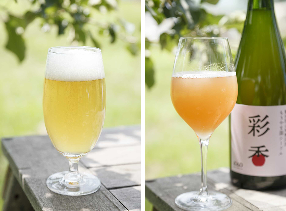 (写真左)ビール酵母で醸したシードルはポップなラベルも印象的(ボトルは記事冒頭写真)。 (写真右)自然酵母で醸した「彩香」はほんのりピンク。泡立ちがきめ細かく、味わいもナチュラル。ドラフト用のタンクでも卸している。
