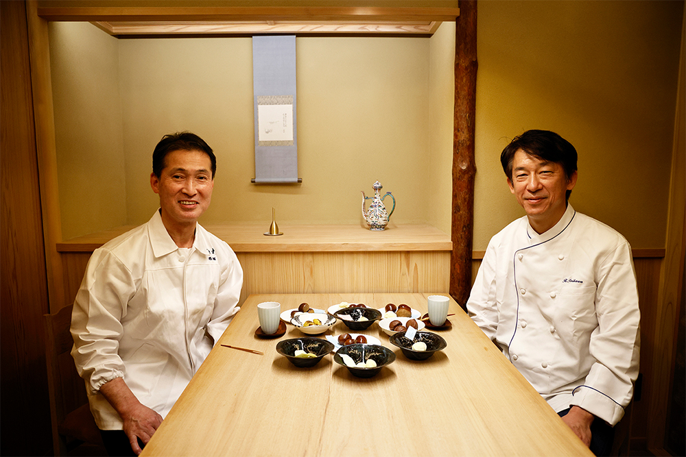 「日本料理 ときわ」西塚茂光さん(左)は、2000年に銀座で「馳走 啐啄(そったく)」を開店。昨年西麻布へ移転し、装いを新たに茶事の心で客をもてなす。「リストランテ フィオッキ」堀川亮さん(右)は25歳で渡伊し、ピエモンテ州やトスカーナ州で修業。2000年祖師ヶ谷大蔵に「フィオッキ」を開店。昨年店内を改装し、テイクアウト、リストランテ、ズッペリアの複合店へと変身した。