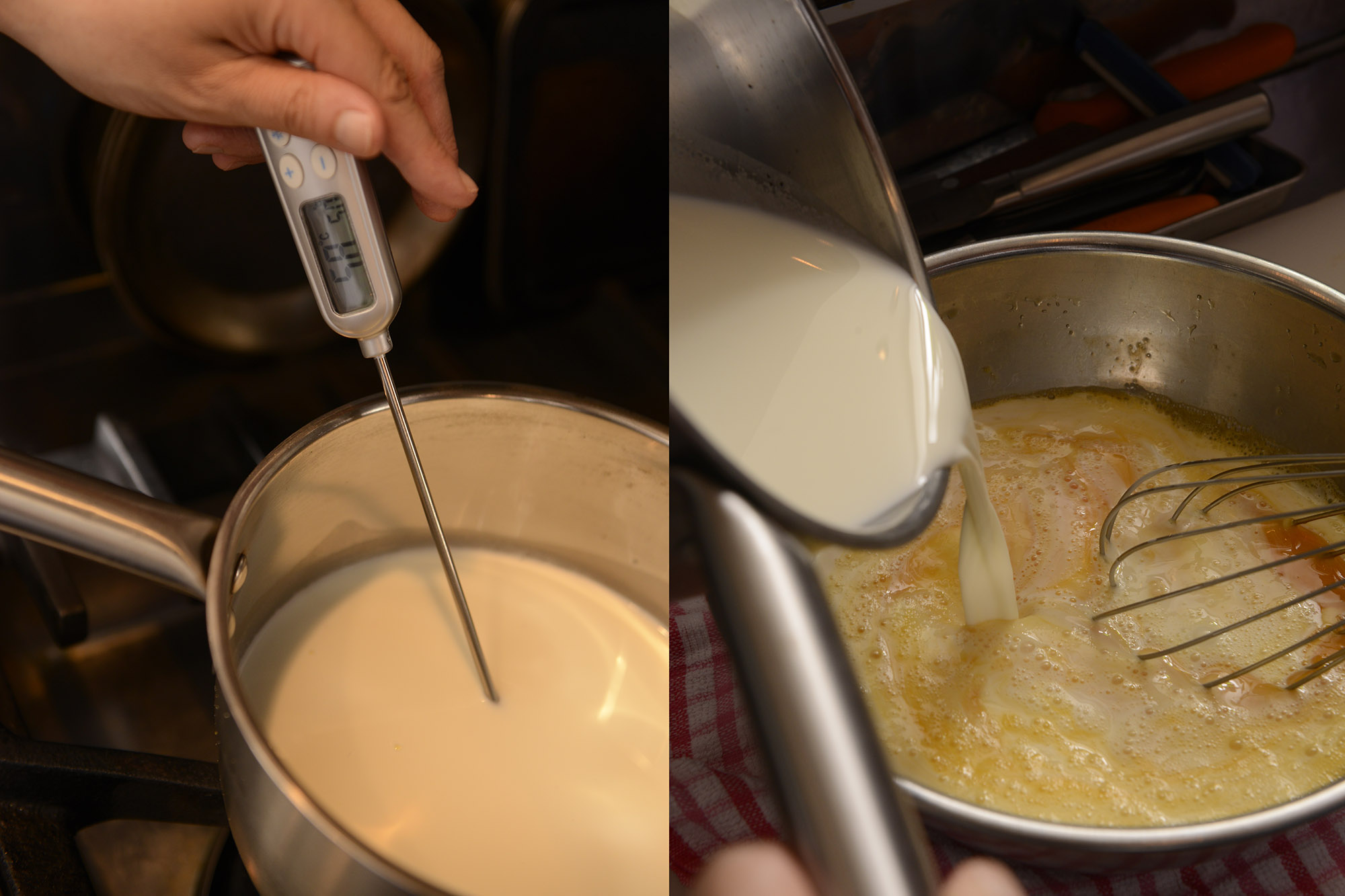 【2】鍋にグラニュー糖20g、牛乳、生クリームを入れ、中火にかけて泡立て器で軽く混ぜながら60℃まで温める。卵のボウルに温めた牛乳を混ぜながら加える。 POINT:牛乳を高温で熱すると風味と味わいを損ねてしまう。温める時は60℃まで、を厳守する。