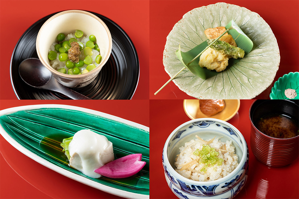 左上から時計回りに、うすい豆の飯蒸/アイナメ、新じゃが、アスパラの揚げ物/新生姜ごはんと龍神白干梅/メジナの白子、新玉ねぎのピュレの酢の物