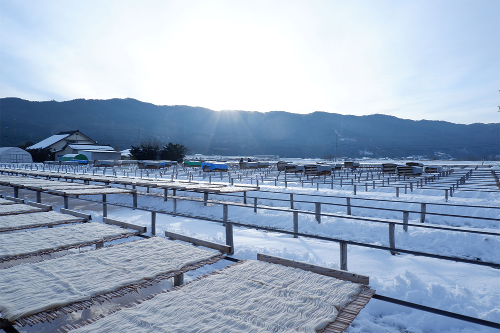 長野県伊那市での寒天干し風景。最適な気象条件が揃うのは12月〜2月ごろだが、現在はほぼ通年天日干し作業を行っているという。