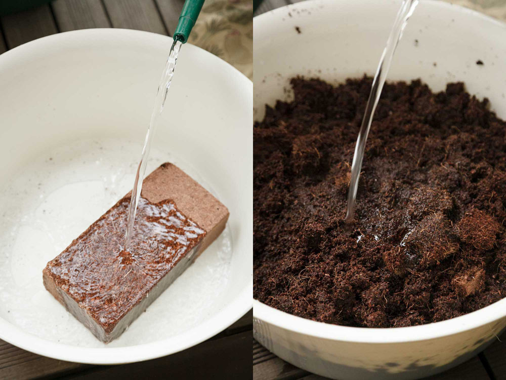 (左)水を注いで3分待つ。(右)約7~8Lに膨らむ(ほぐれにくい場合は手で割りほぐす)。