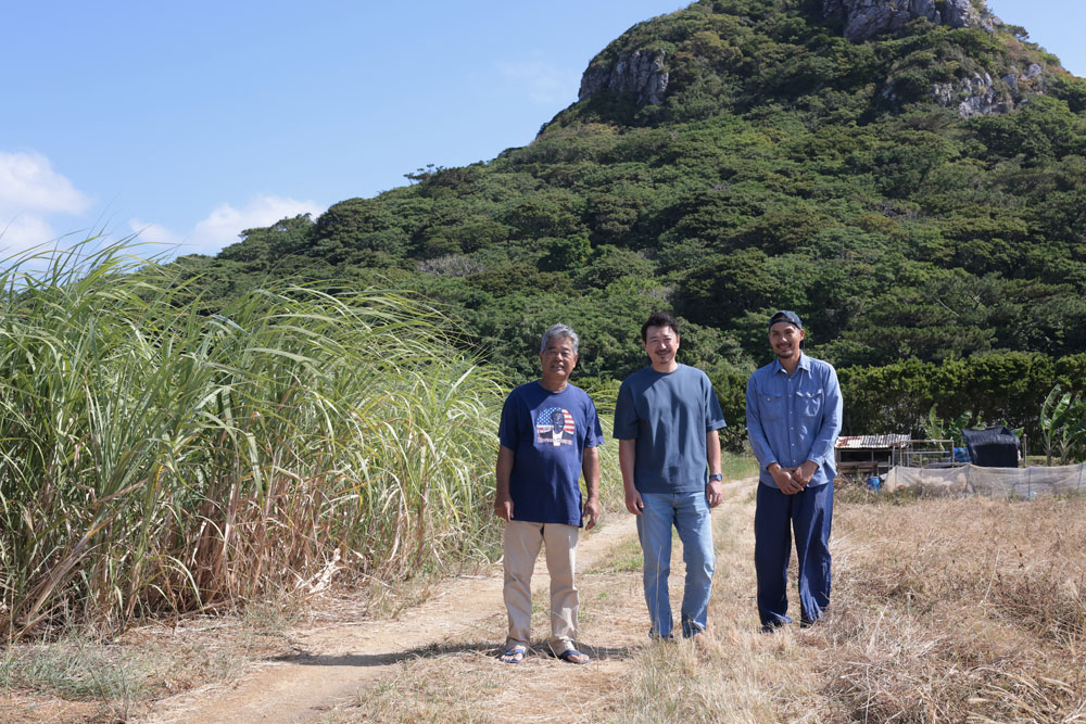 畑は家族で管理。義理の息子である儀保巧(ぎぼ・たくみ)さん(右)も農作業に勤しむ。