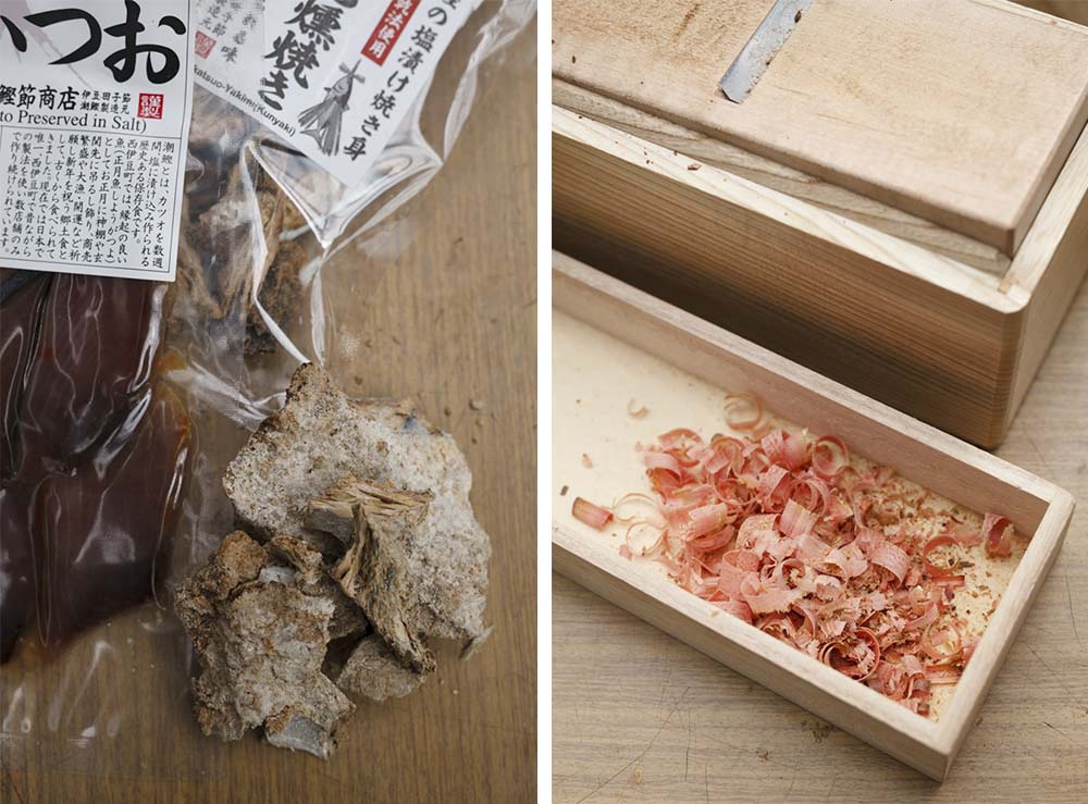 (写真左)潮カツオは生と焼いたものが商品化されている。 (写真右)田子節は色が濃いのが特徴。雑穀入りなど3種を販売。