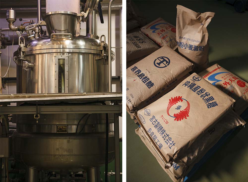 (photo left) Pressure cookers enable slow cooking at low temperatures, preserving the ingredients'natural flavor and fragrance. (photo right)Okinawan brown sugar is hard to resist, even straight out of the bag.