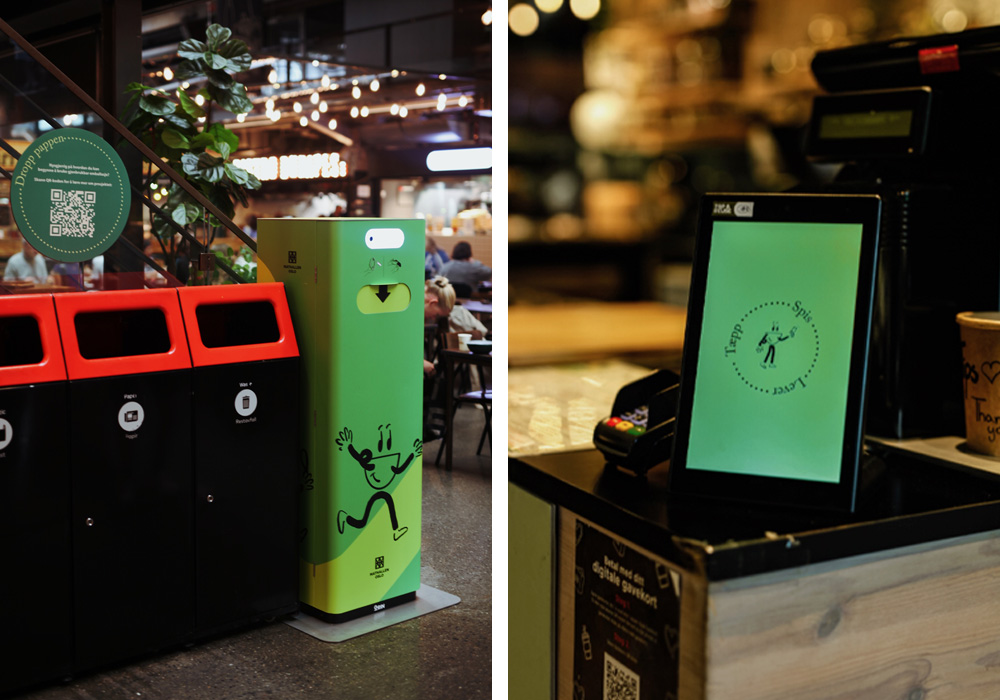 (写真)左:プラスチック容器の循環利用を可能にするスマートな回収システムを作る「グラン」の返却ボックス。右:「クレーン・ハブ」の決済機能との連携により、レンタルした容器は簡単に返却できる。