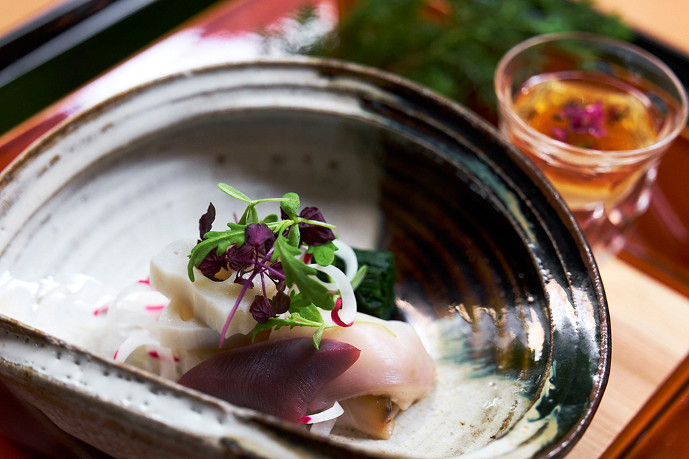 酢の物、れんこん、ホウレン草、土佐酢ジュレと酢味噌
